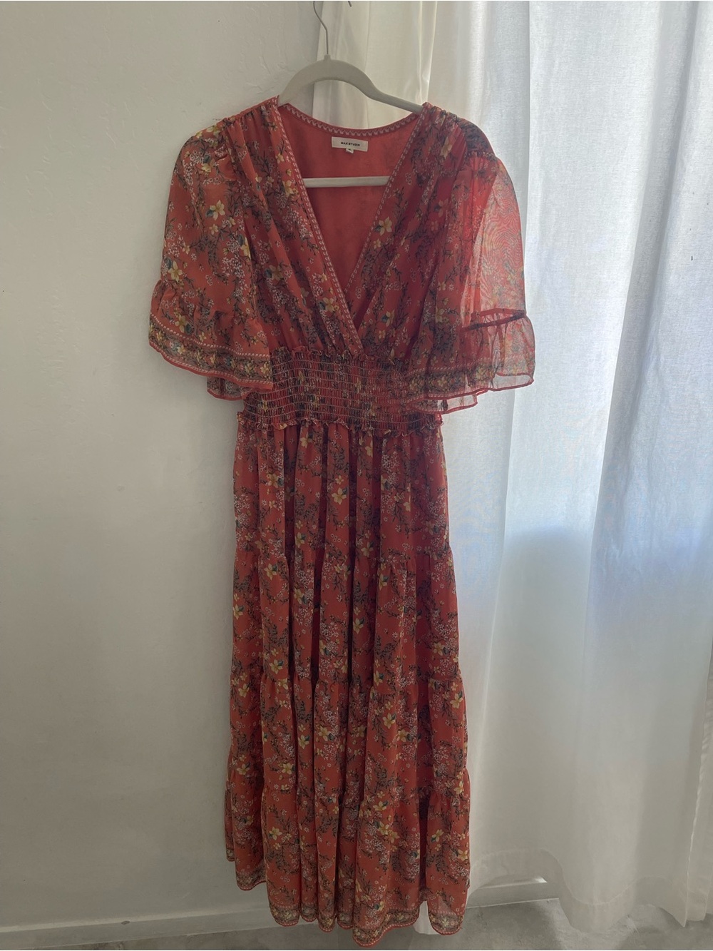 Max Studio Red Floral V-Neck Maxi Dress with Smocked Waist